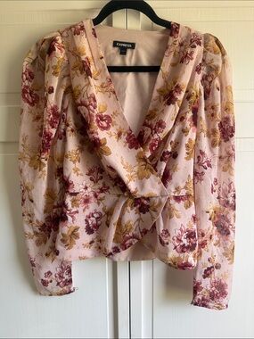 Express Pink Floral Wrap Top with Mustard & Burgundy Print